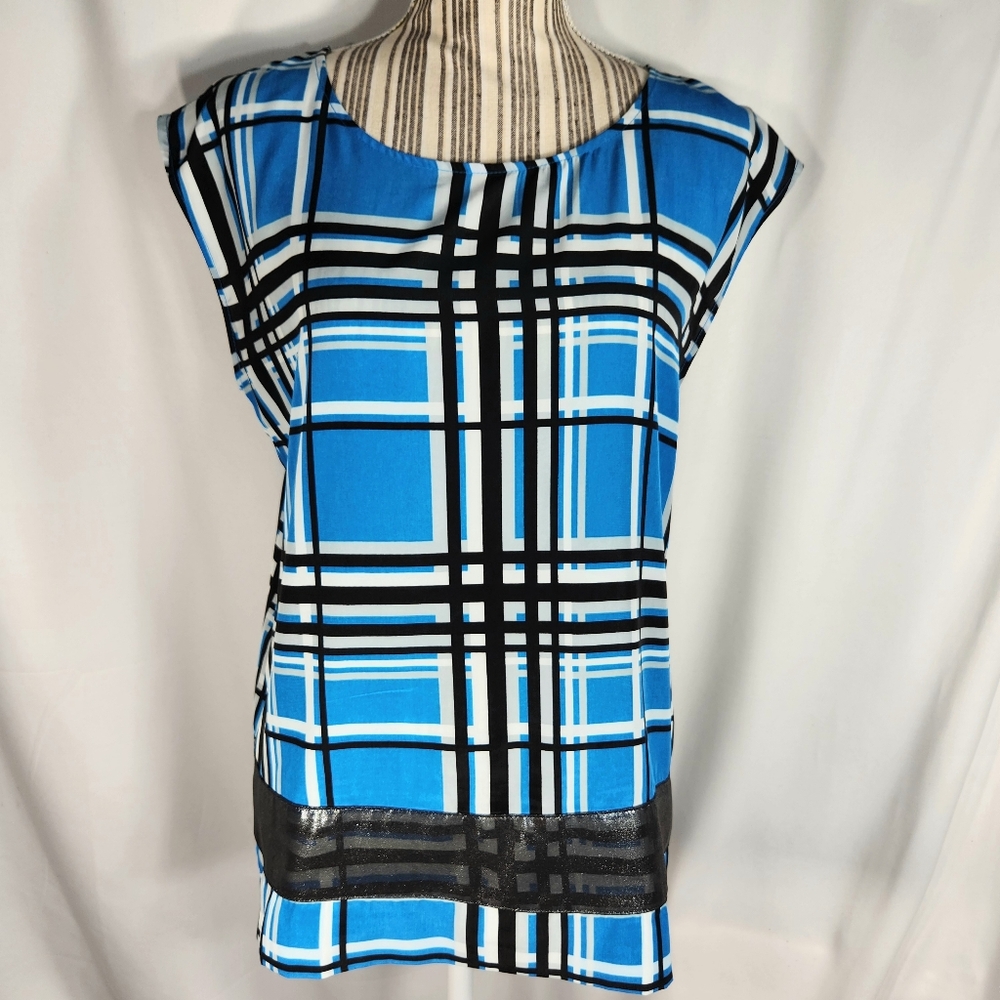 NY&CO NWOT Blue Black White Geometric Print Visible Zip Sleeveless Top Medium